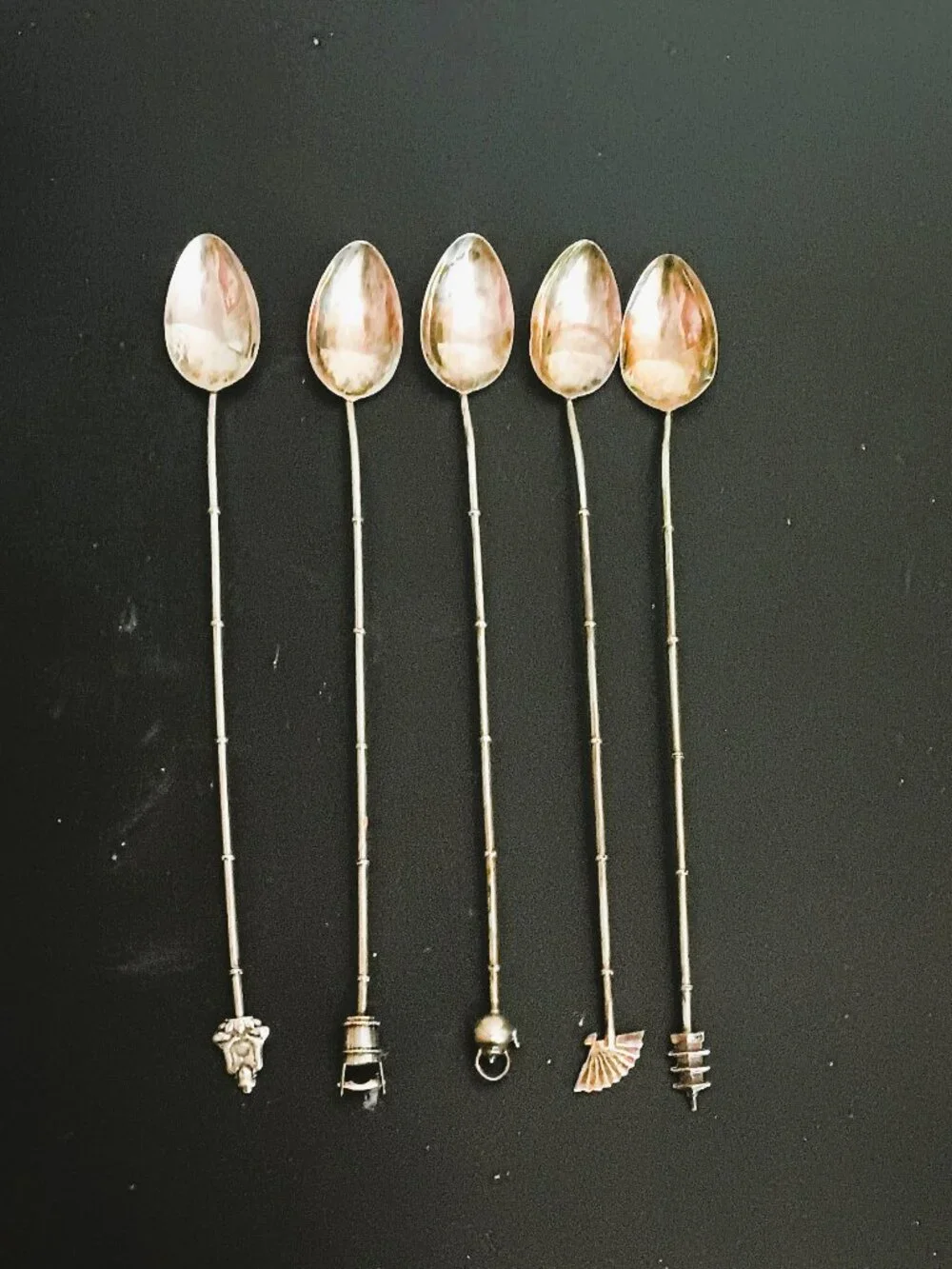 950 Set Of 5 Bamboo Ice Tea Spoons Antique Asian Sterling Silver